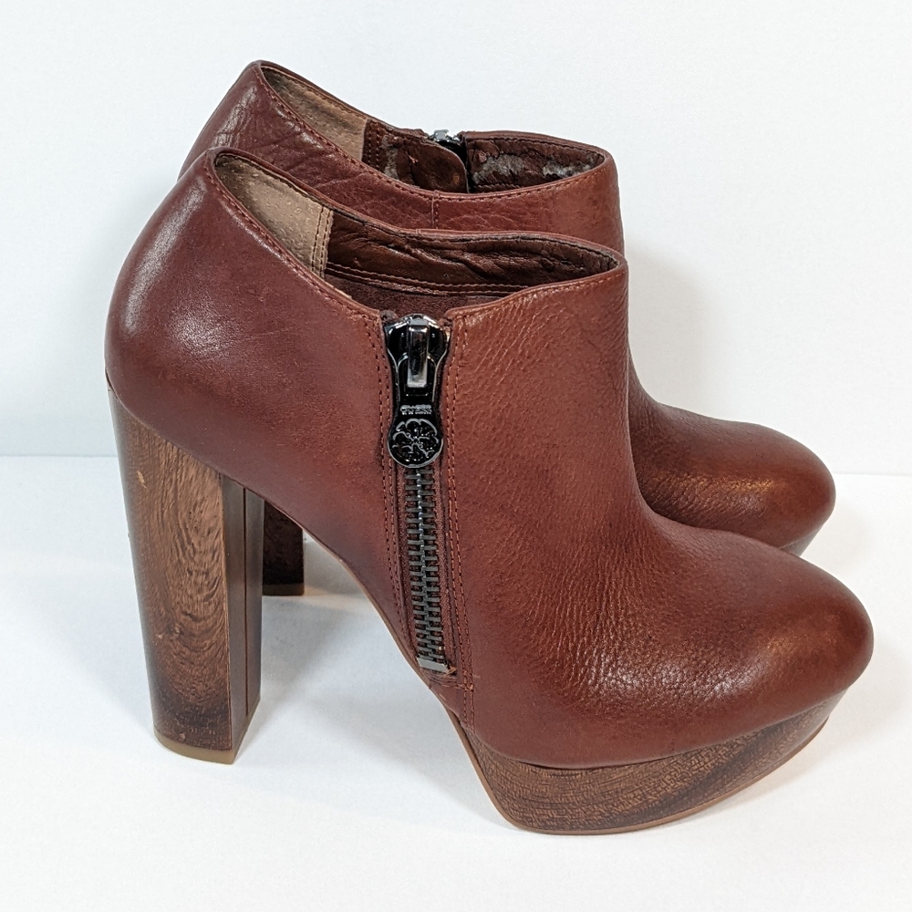Guess Paprikaa Cognac Brown 5" Heel Platform Ankle Booties Women's Size 7.5